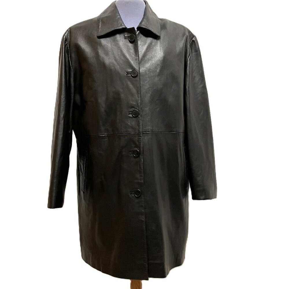 Vintage Black Leather Car Coat with Zip-in Faux Fur Lining 3/4 Length 90s